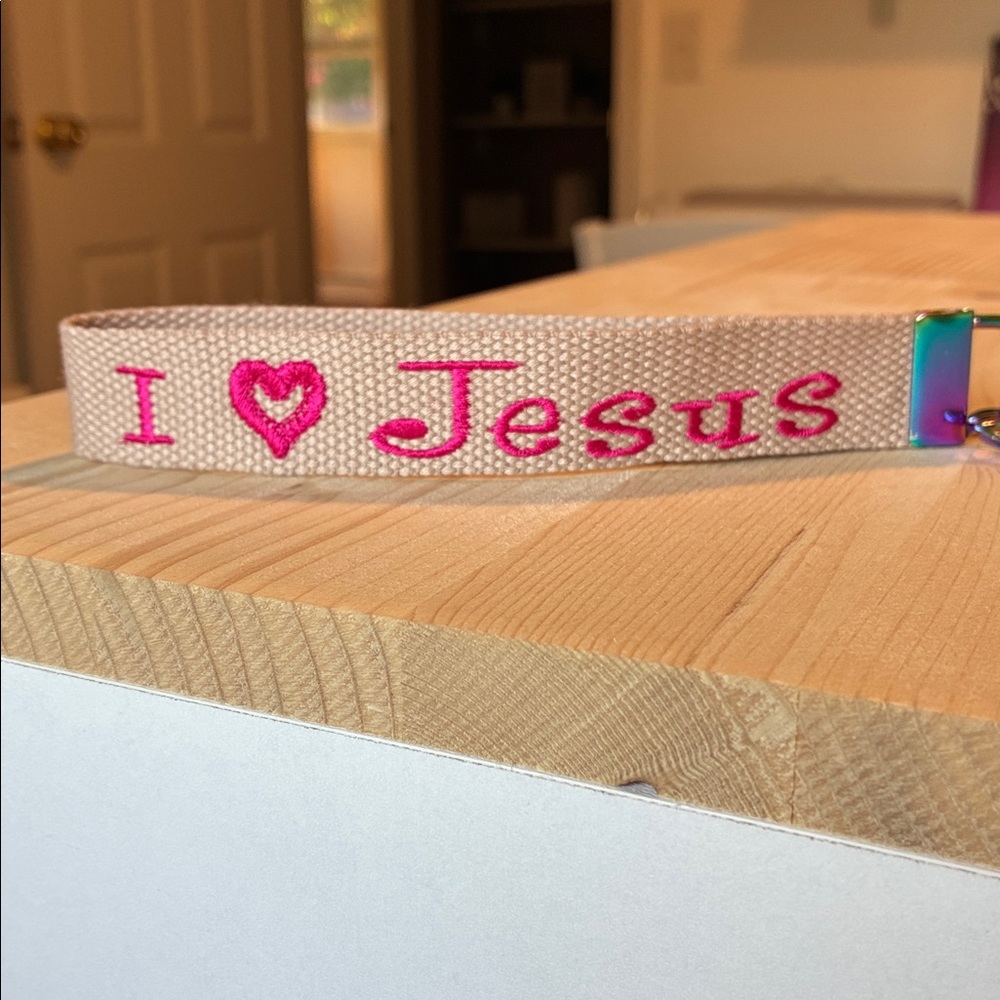 Handmade Embroidered Pink & Tan ‘I Love Jesus’ Wristlet Keychain